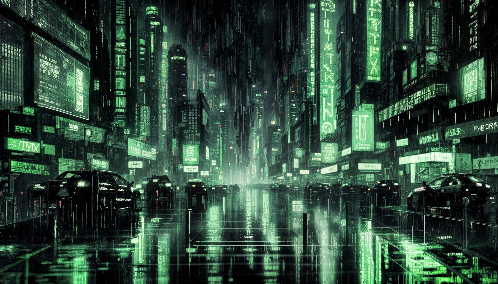 Matrix Code Cyberpunk City in Rain
