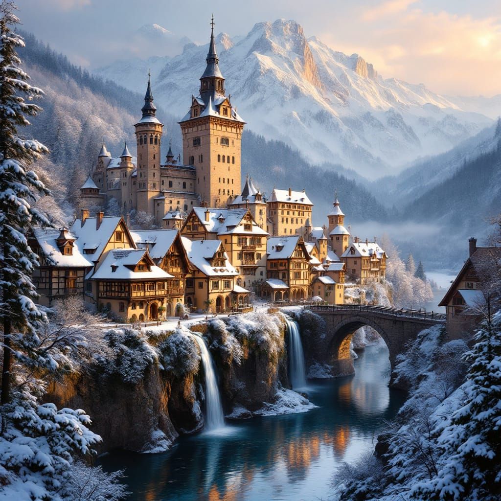 Majestic Winter Village and Castle in Snowy Mountains