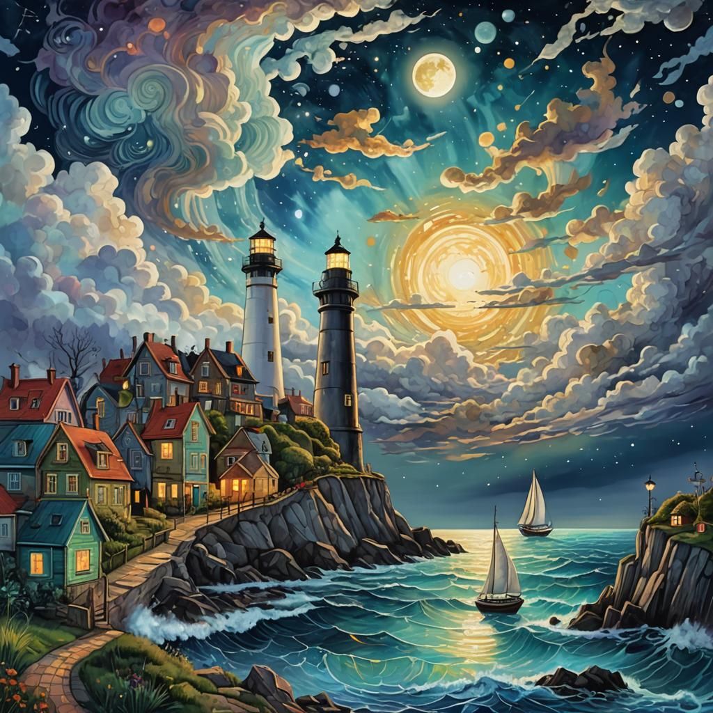 Seaside Town Under Moonlight, Holographic Cosmic Illustratio...