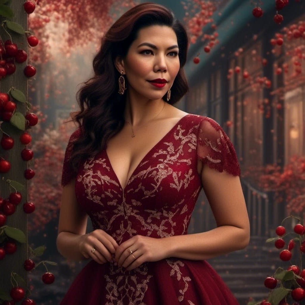 1950s Cherry Dress in Detailed Matte Painting Style