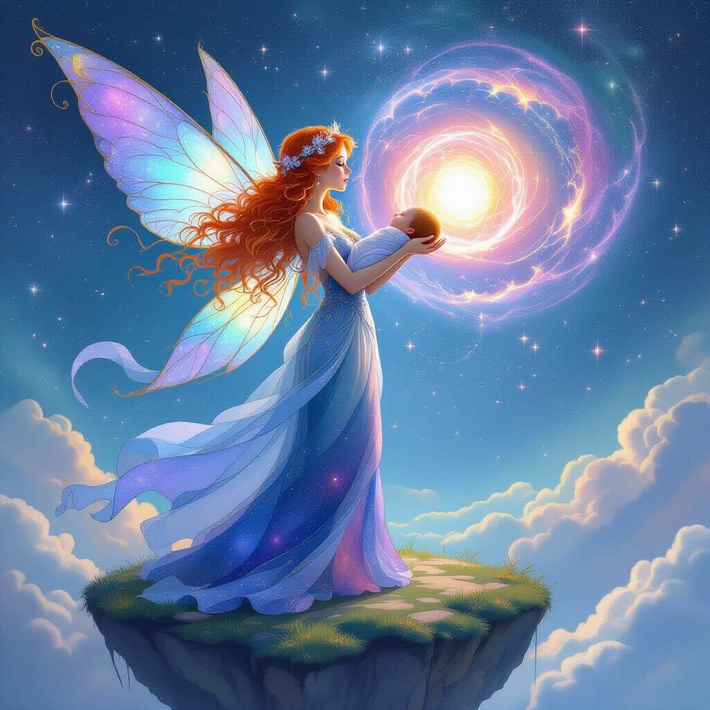 Nebula Fairy with Sleeping Baby in Art Nouveau Style