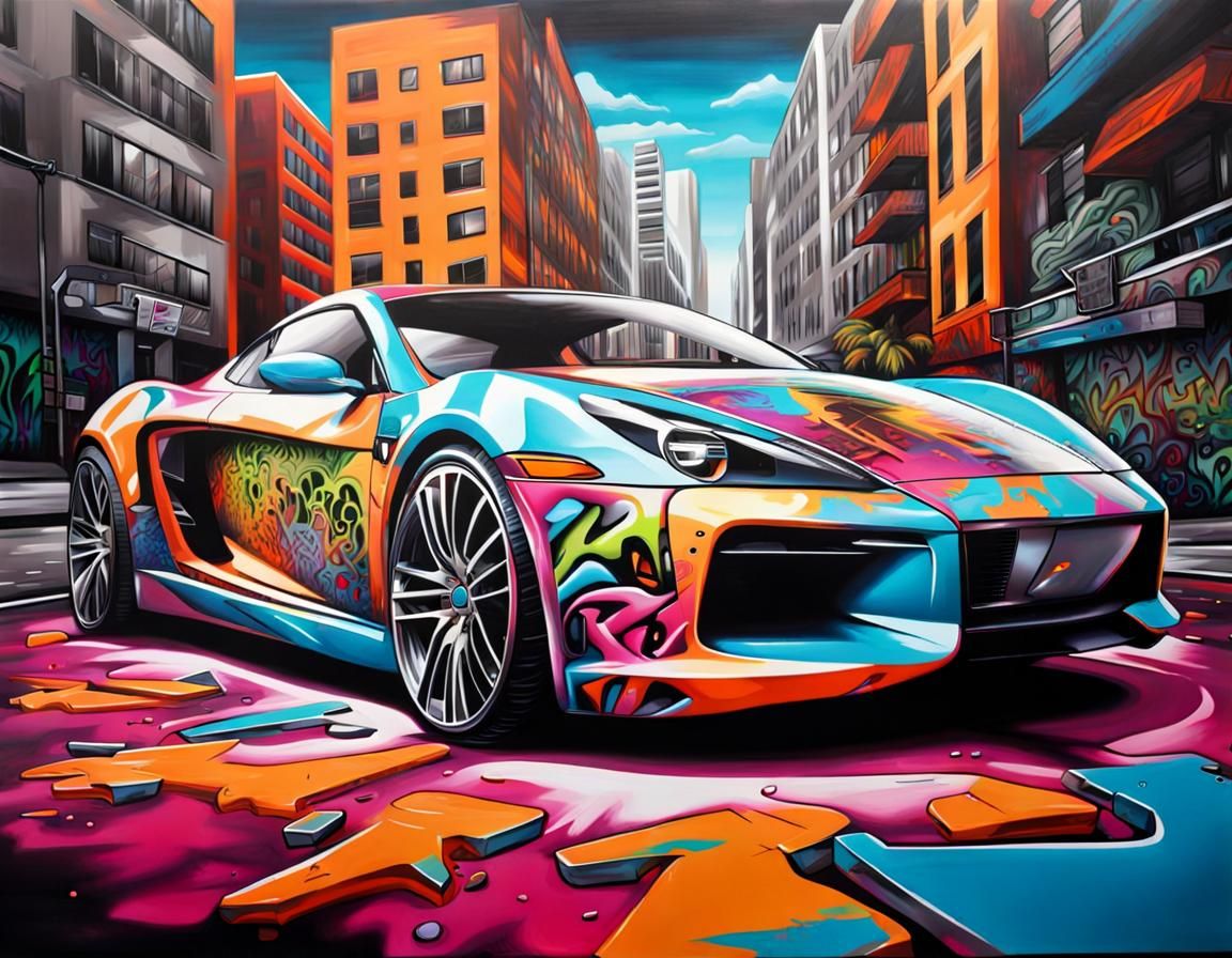 Futuristic Sports Car in Graffiti Street Art