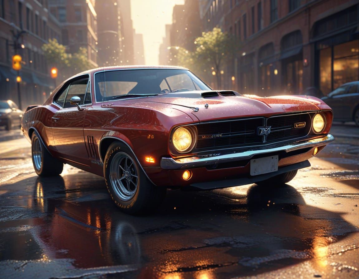 Sun-Powered Muscle Car with Glitter and Light Rays