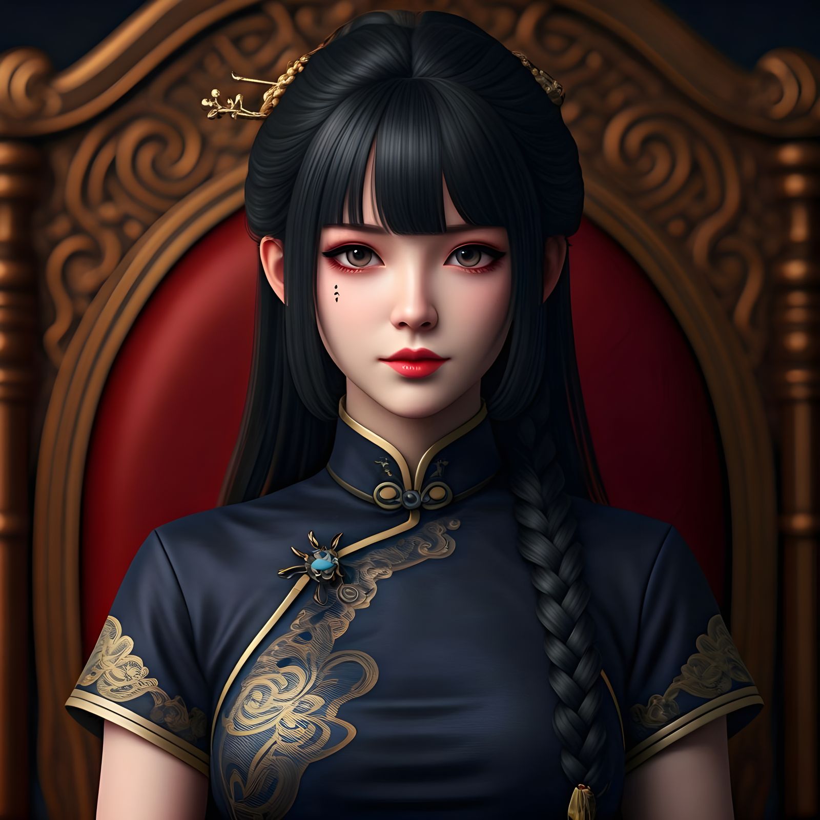 Chinese Princess in Goth Geisha Makeup on Throne