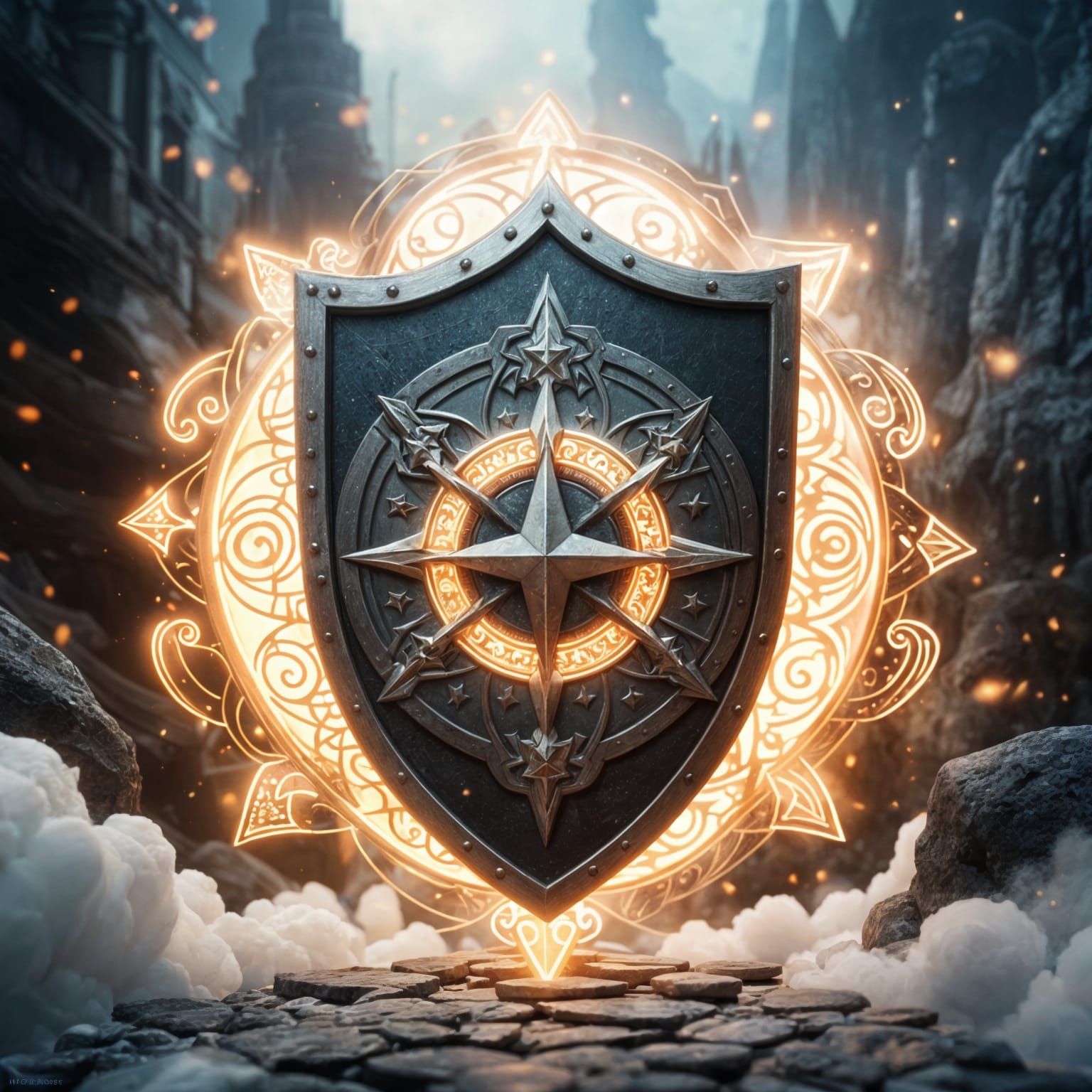 A fantastic shield shining with magical symbols in a mystical setting  soft focus rendered in Blender digital art color ...