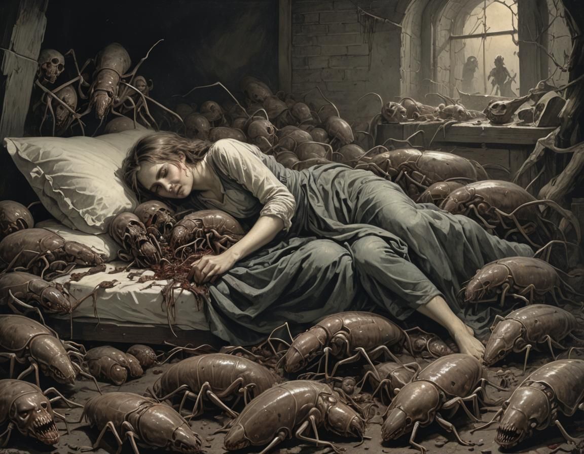 Macabre Sleeping Woman with Corpses in Horror Style