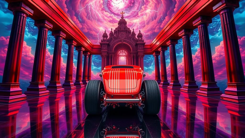 Gleaming Hot Rod in Escher Temple During Mystical Storm