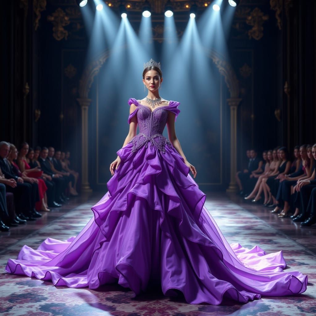 A stunning moment unfolds on the fashion runway as a woman presents a breathtaking purple haute couture gown that comman...