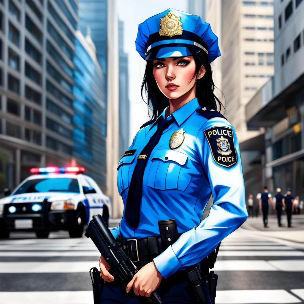 Beautiful Policewoman with Black Hair and Blue Eyes