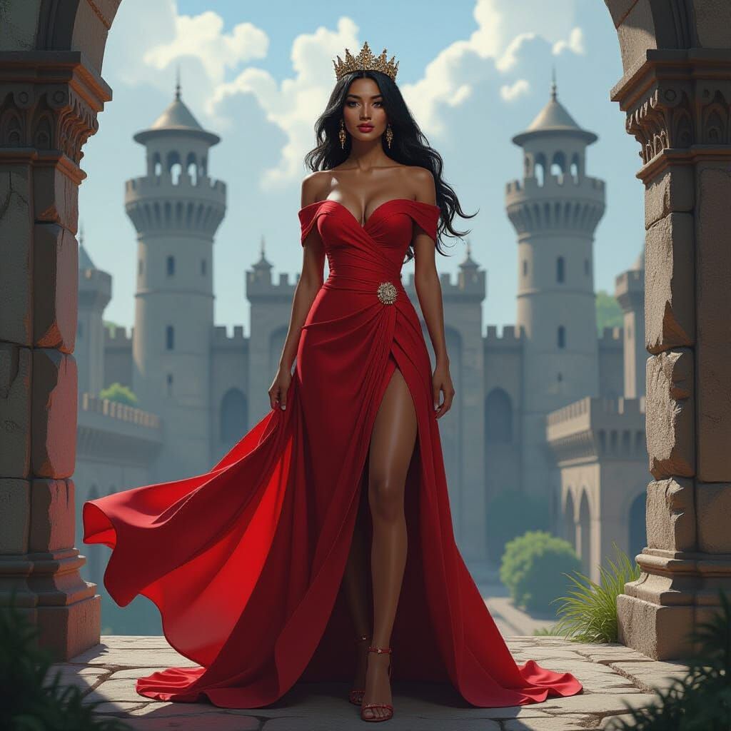 Queen in Red Dress at Ancient Fort of Care