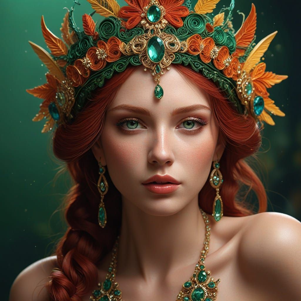 Sensual, Gemstone-Adorned Portrait in Warm, Triadic Colors
