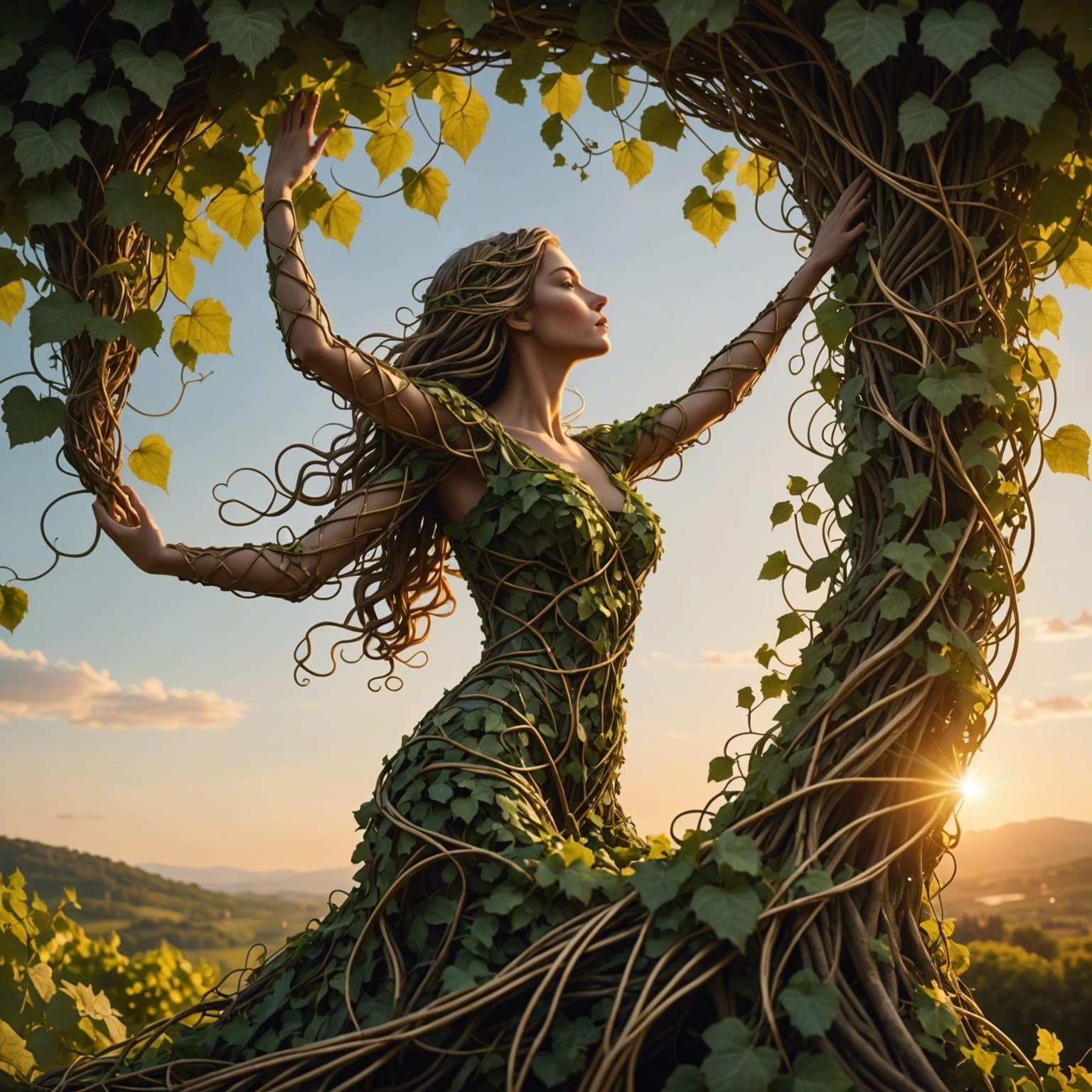 Vines Form Woman Reaching Sky at Golden Hour