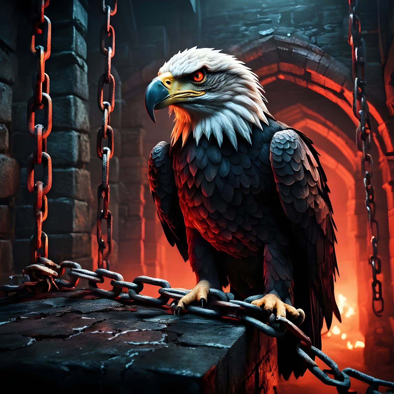 dark room. eagles. chains. stone walls. red mist. mysterious