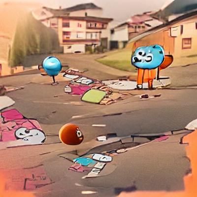 Gumball-Inspired Characters in an Urban Scene