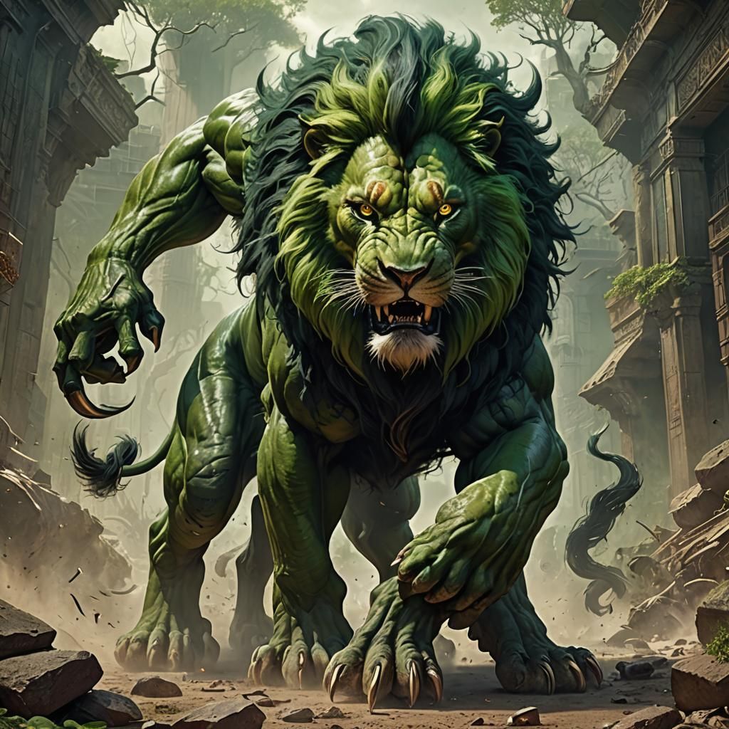 Hulk-Like Lion Hybrid in Detailed Fantasy Art