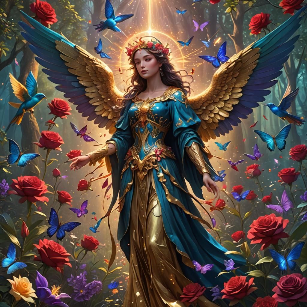 Angel with Gold Wings Amidst Radiant Floral Scene