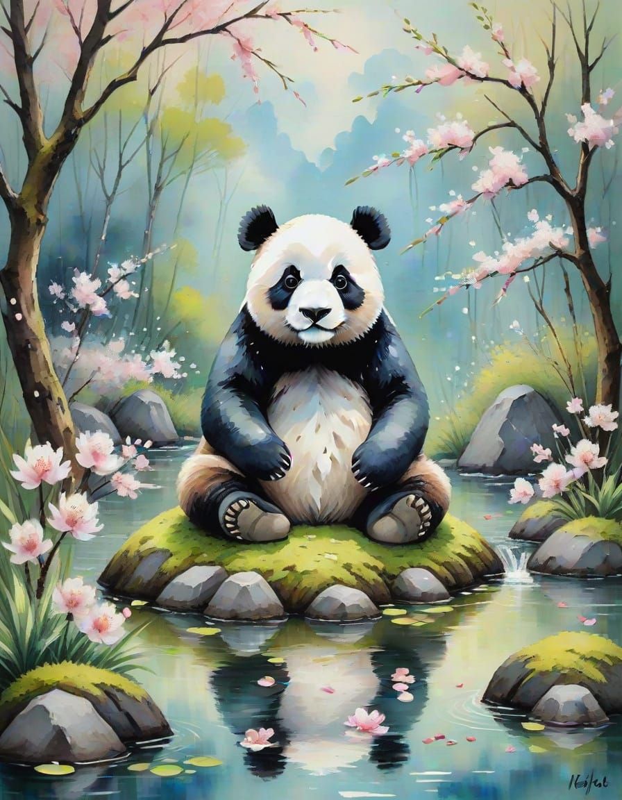 Panda Meditating in Zen Garden Watercolor