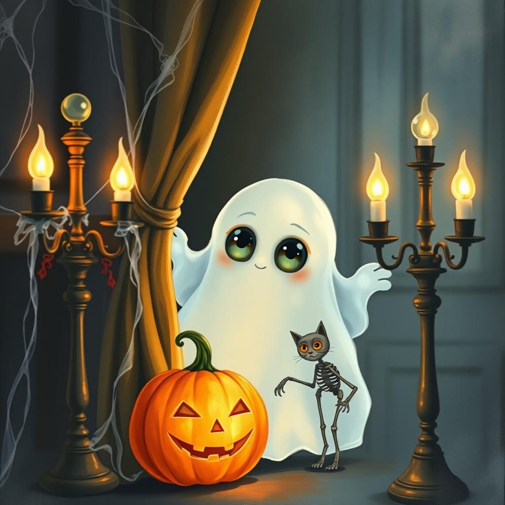 Cute Ghost in Haunted House: Watercolor Style