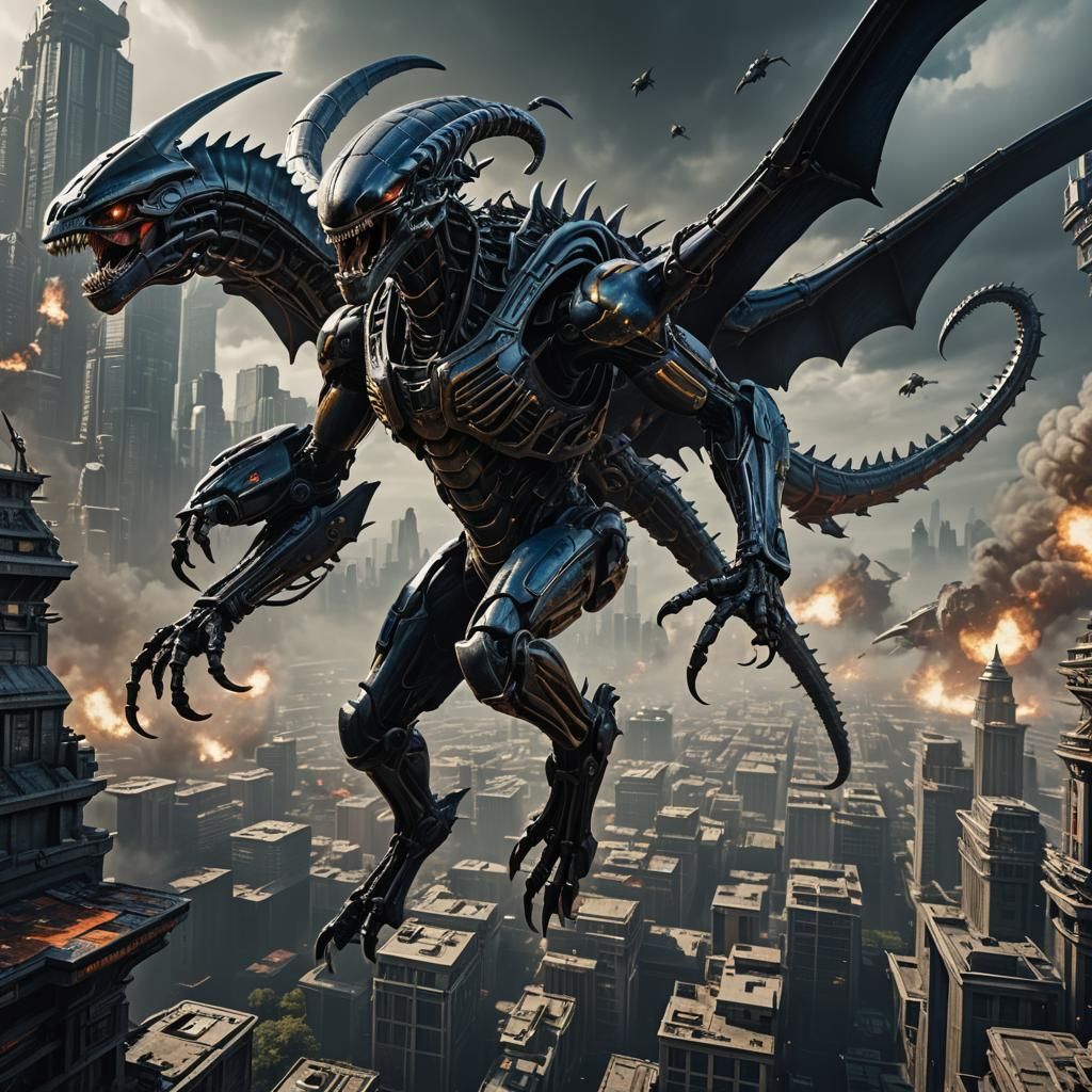 A Xenomorph/Robocop dragon in flight