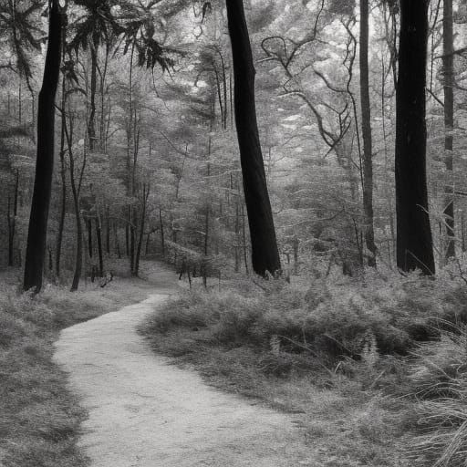 Desolate Wood Path with Wolf Chase, Hyper-Realistic Photo