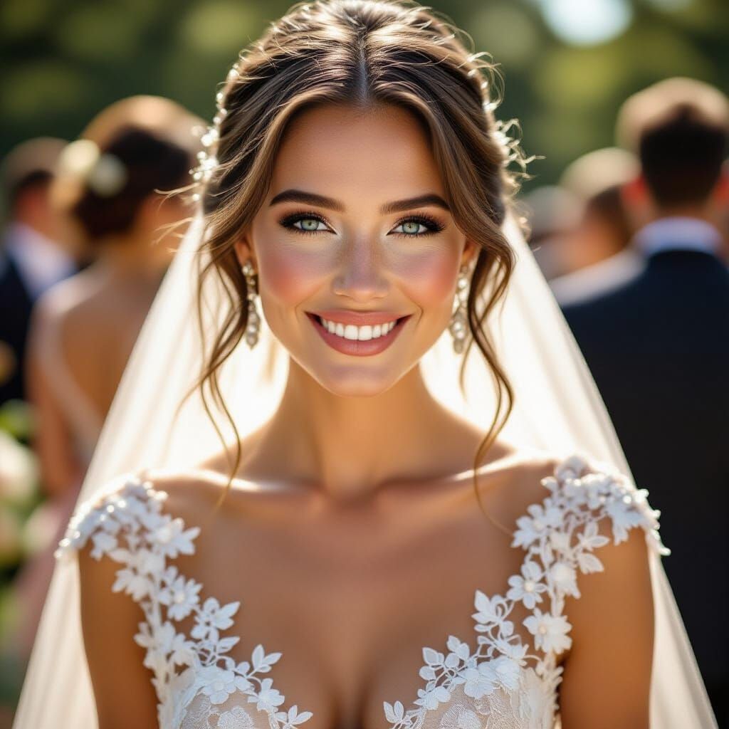 Woman with Freckles in Champagne Gown, Photorealistic Style