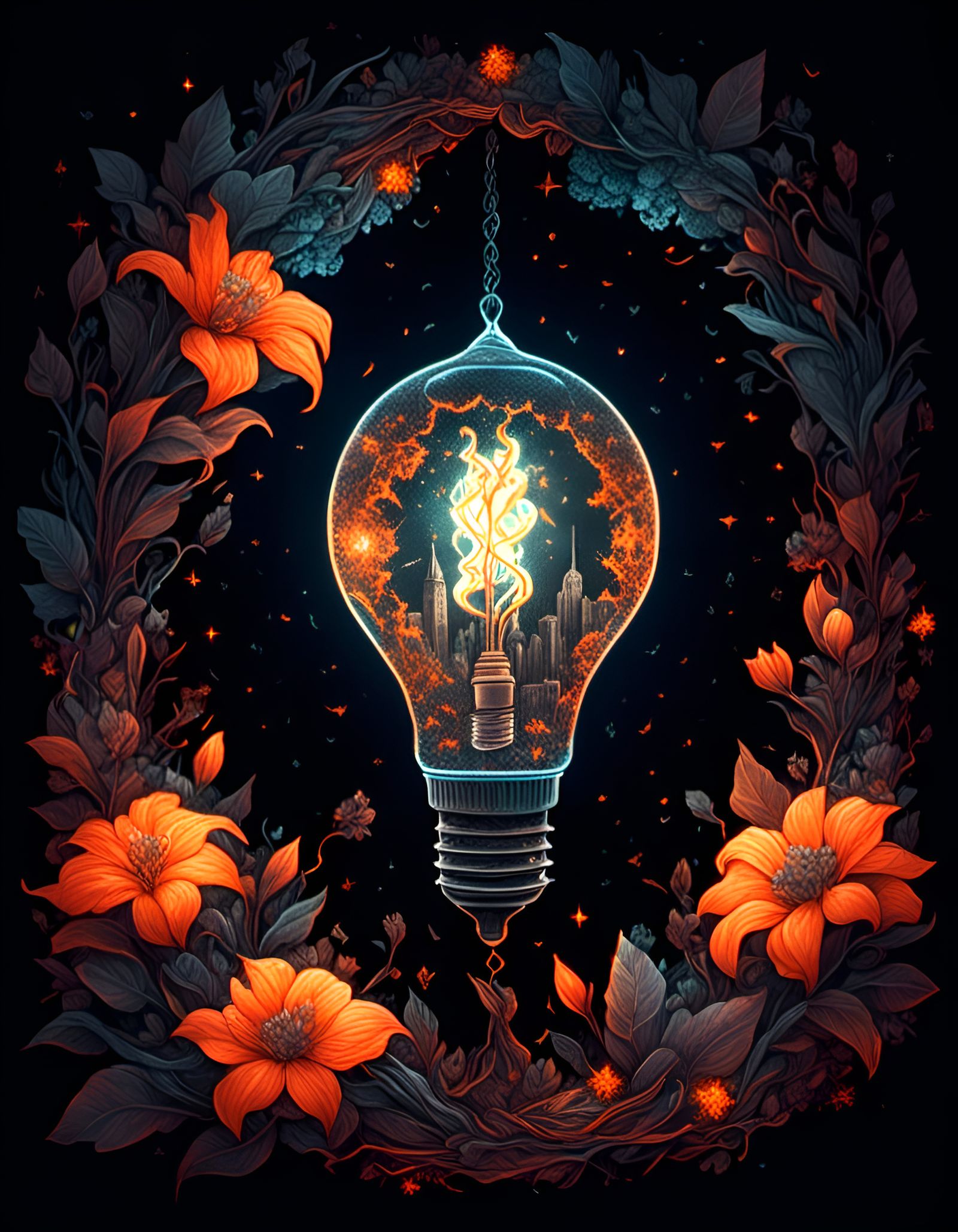 Flame Flower in Broken Bulb, Dotwork Metropolis