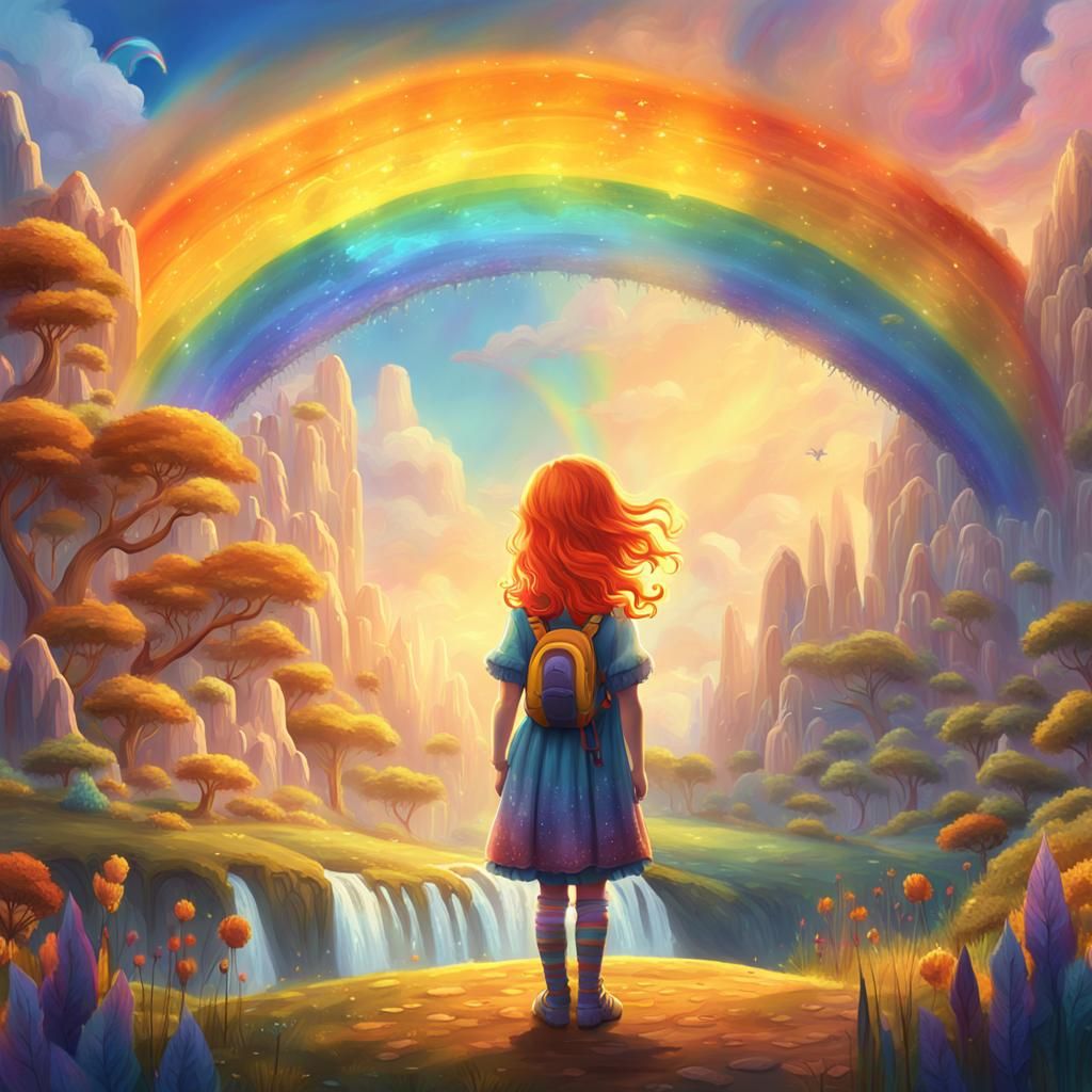 Orange-Haired Girl in Whimsical Art Nouveau Landscape