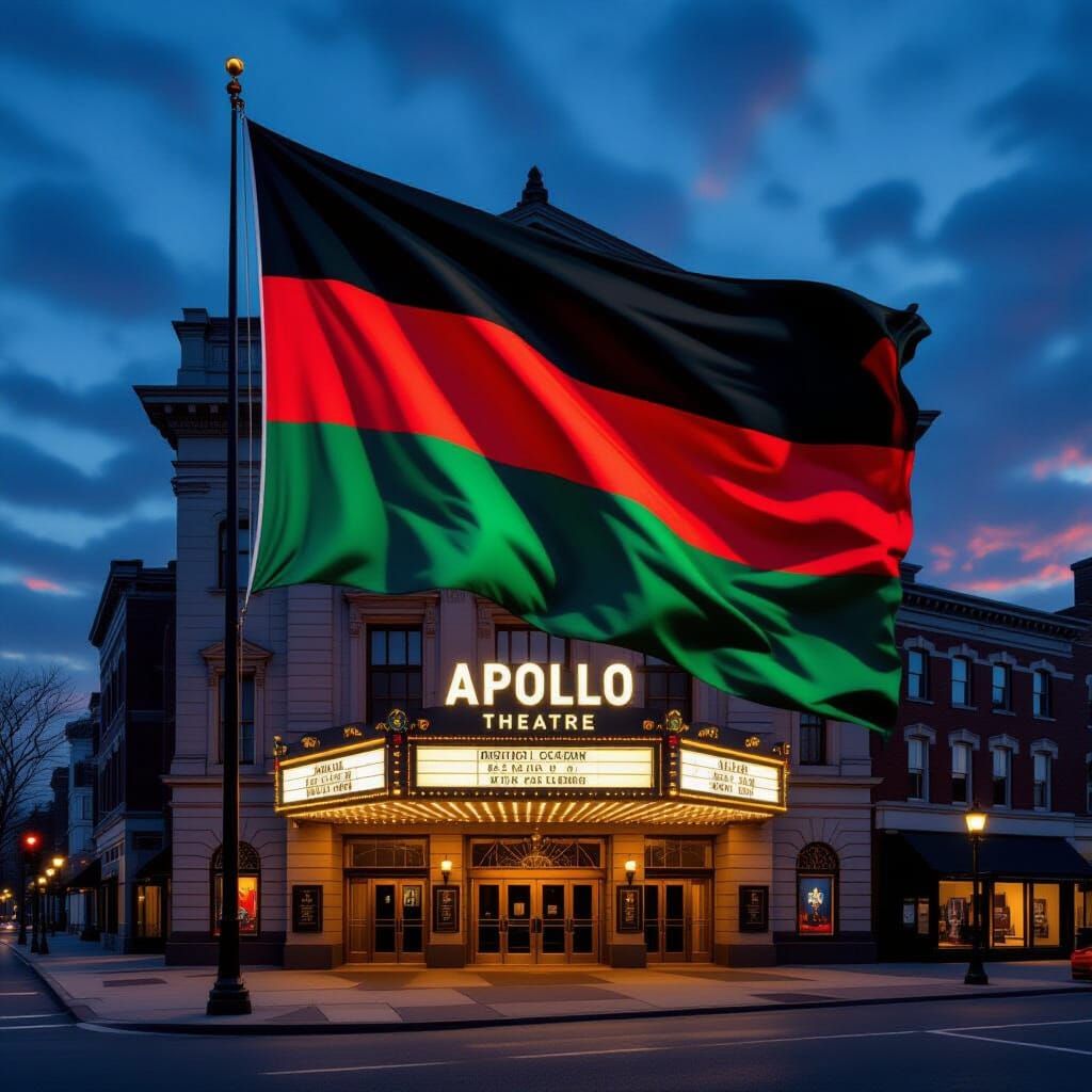 Waving Red, Black, Green Flag Behind Apollo Theatre