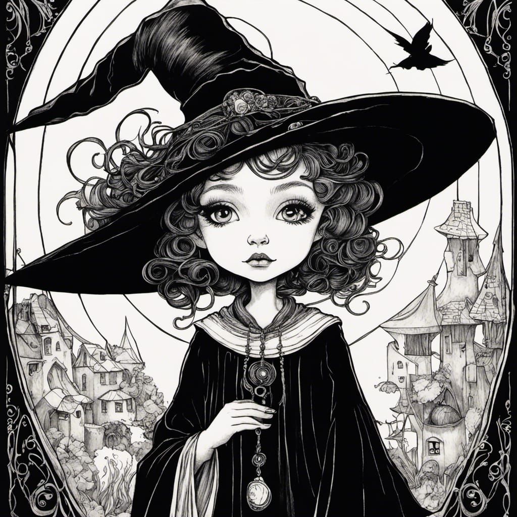 Young Witch in Black and White Ink Drawing