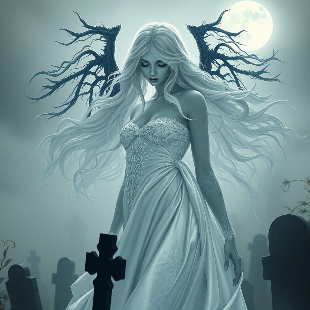 Ghostly Banshee Spirit in Foggy Graveyard Under Pale Moonlig...