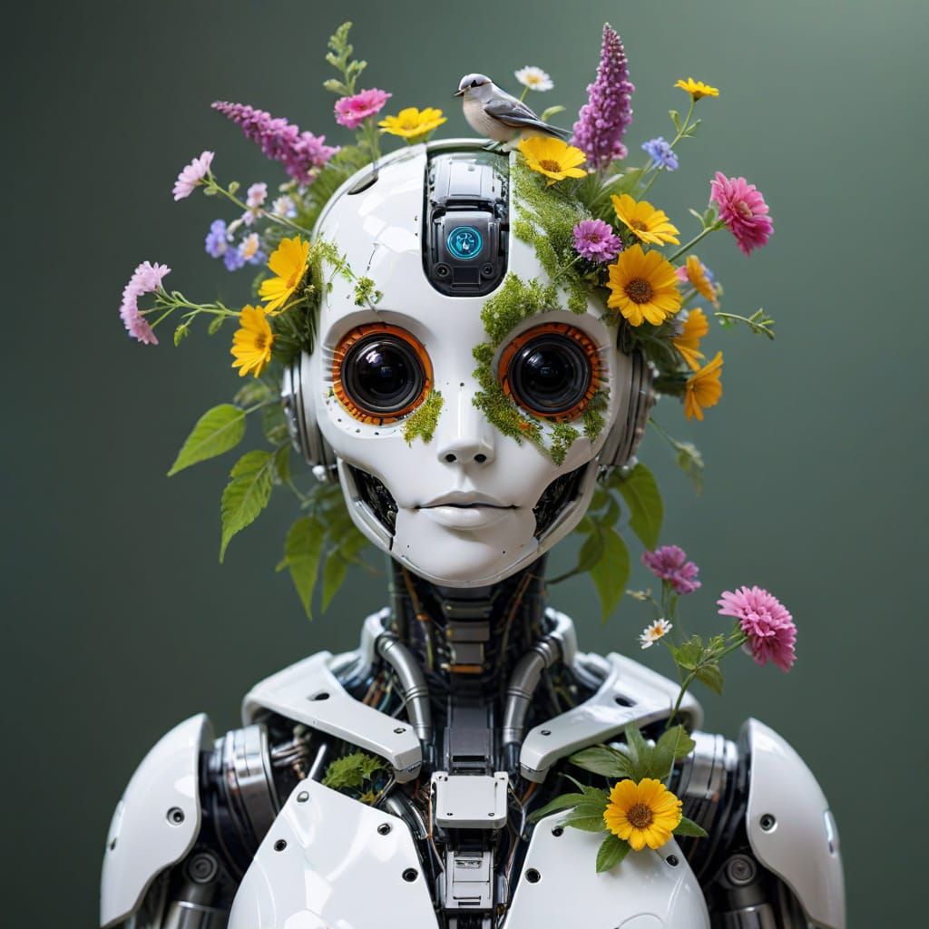 Robot with Wildflowers and Birds