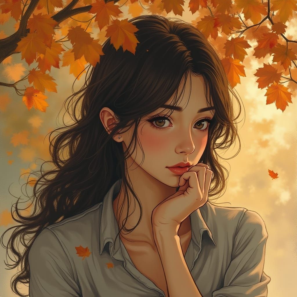 A Woman Contemplates Life's Impermanence Amidst Autumn's Gol...