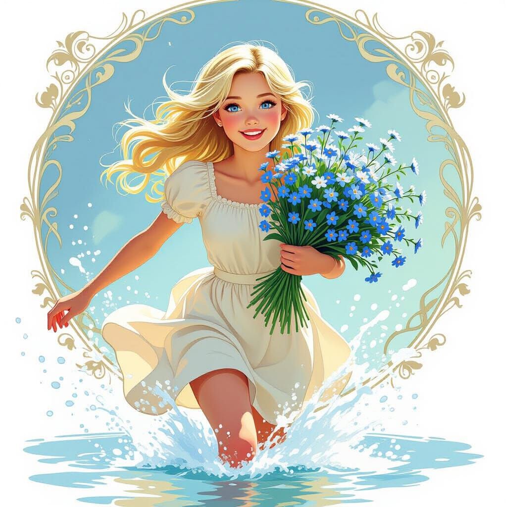 Disney-Style Oil Painting of Girl with Forget-Me-Nots