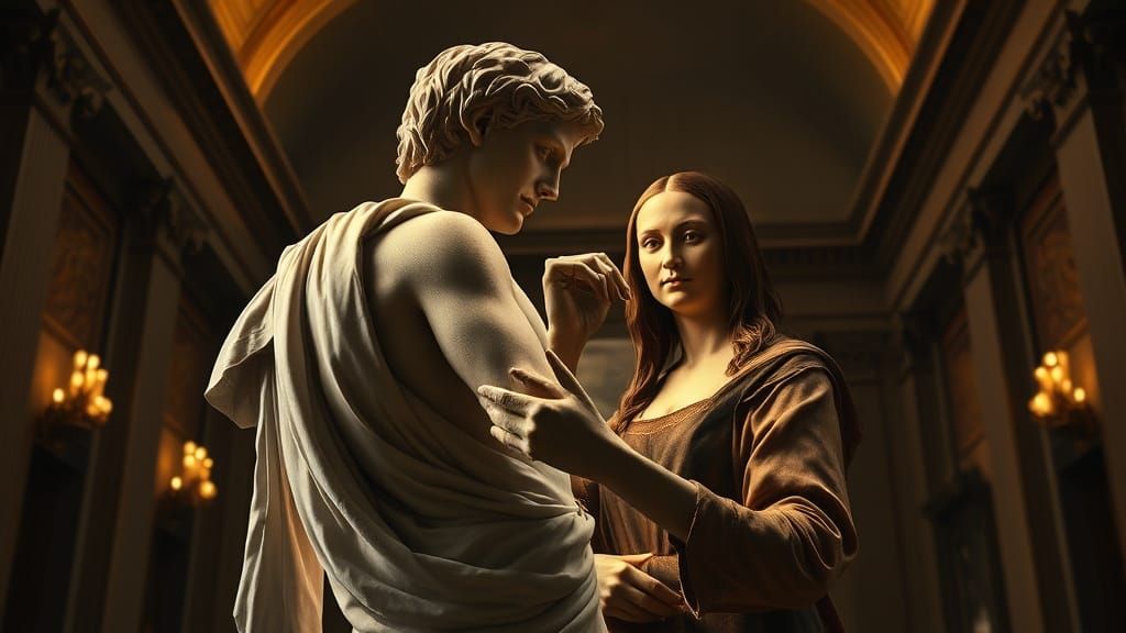 David Statue Dancing with the Mona Lisa in a Renaissance-Ins...