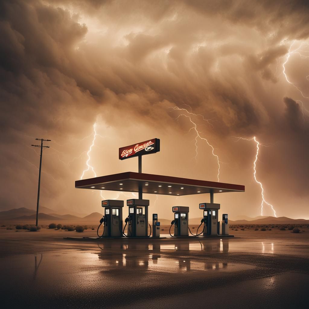 Dust Storm Enshrouds Desert Gas Station