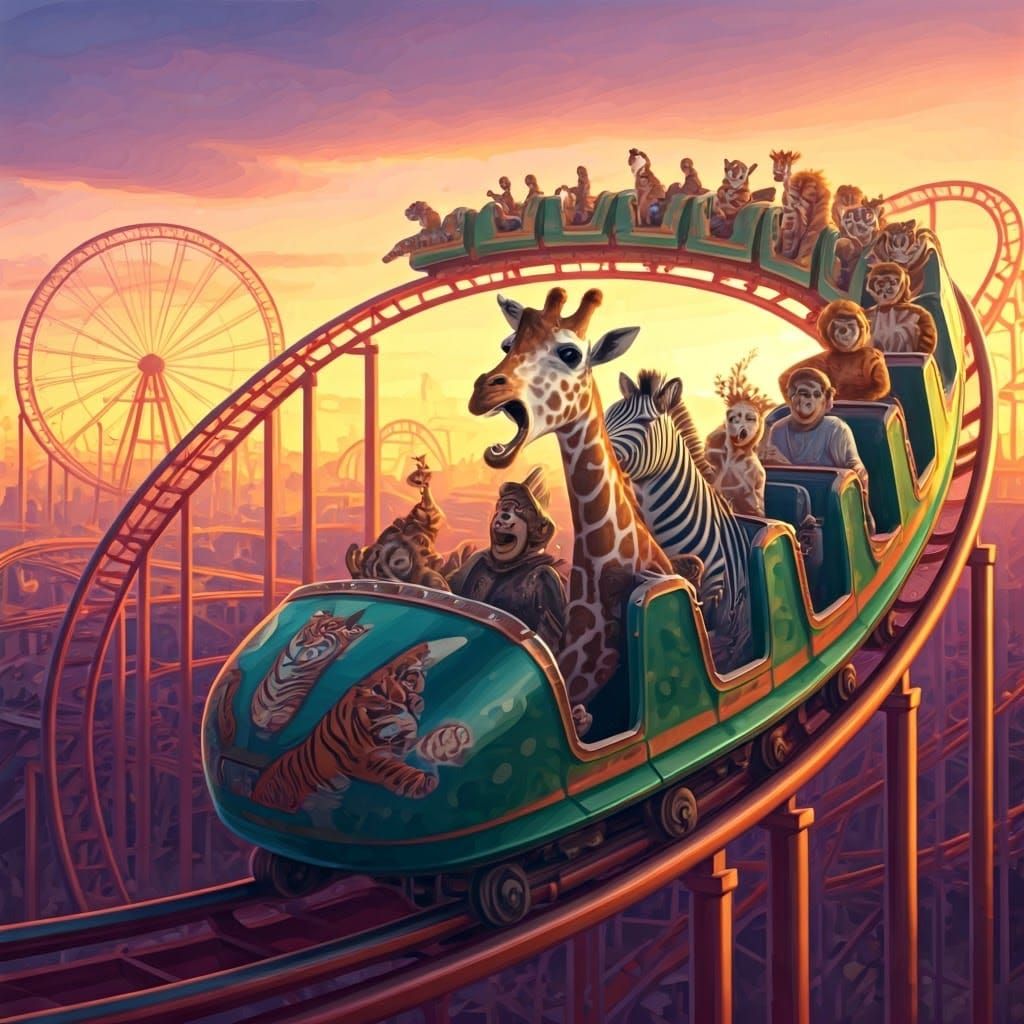 Zoo Animals on a Rollercoaster in Pop Surrealism