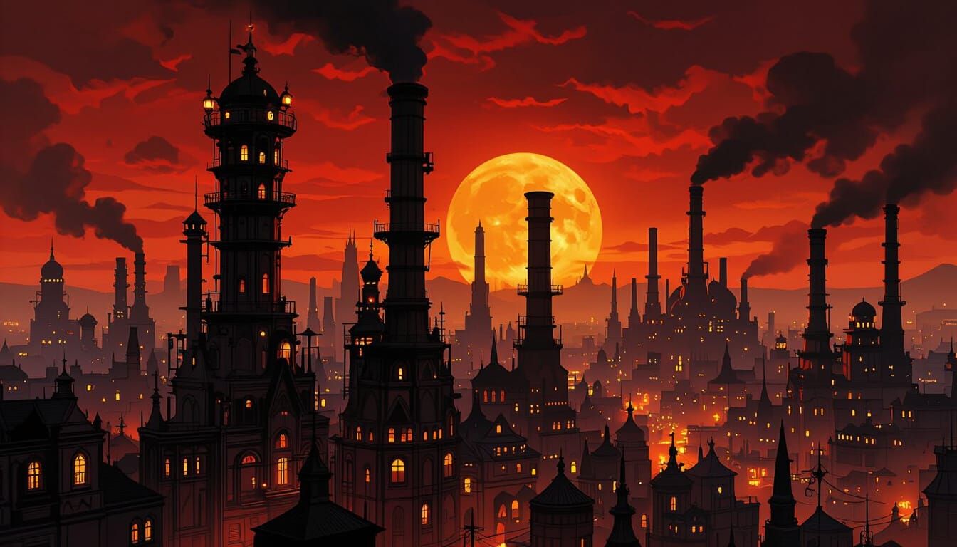 Gothic Cityscape at Twilight with Steampunk Machines