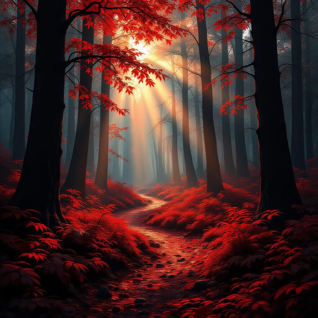 Mystical Forest with Fire-Red Leaves in Cinematic Realism