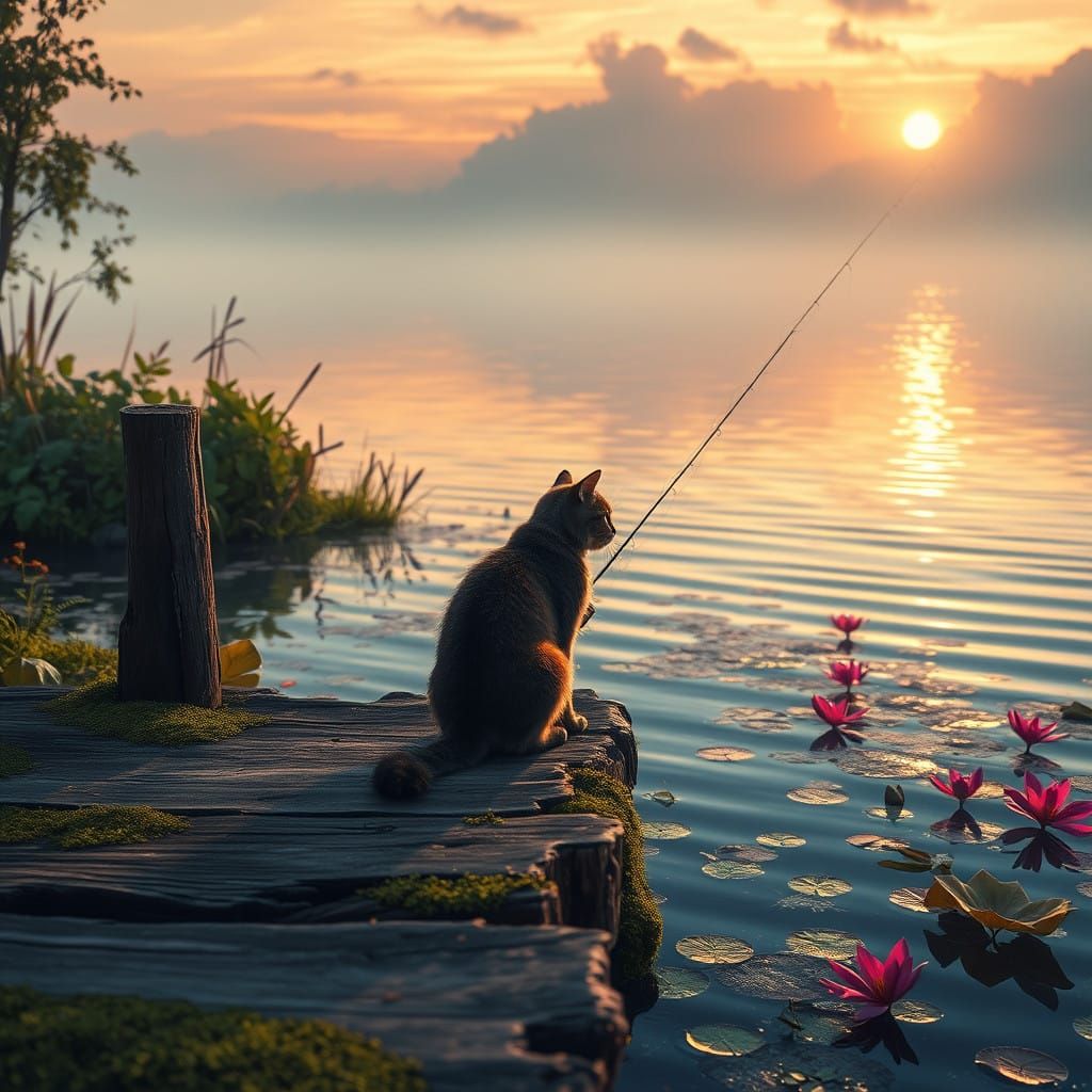 Serene Cat Waits by the Iridescent Lake