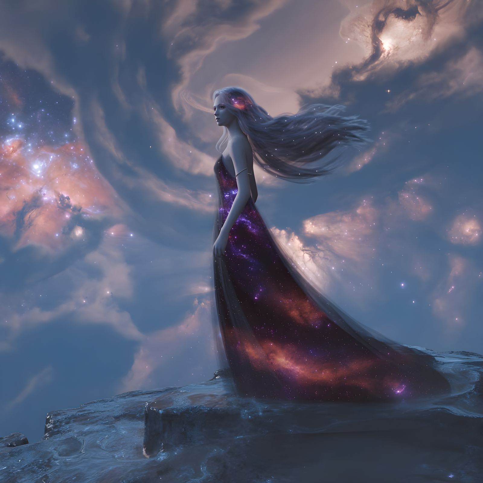 Cosmic Nymph Overlooking Nebula Sea in Fantasy Style