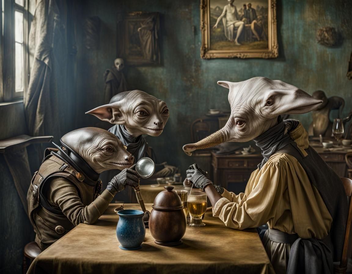 Surreal Alien Restaurant Celebration in Magical Realism