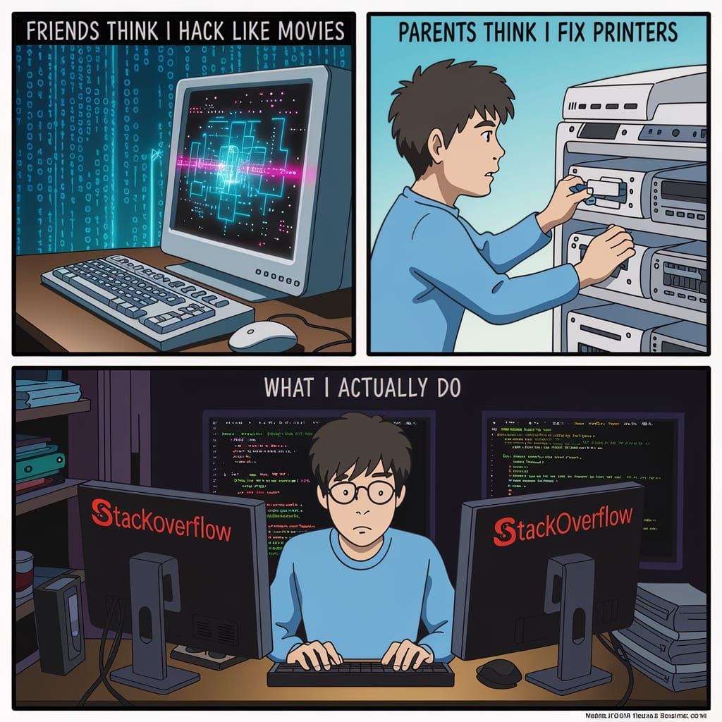 A 3-panel comic strip:

Panel 1 : "Friends think I hack like in movies" – flashy Matrix-style computer glitch hacking sc...