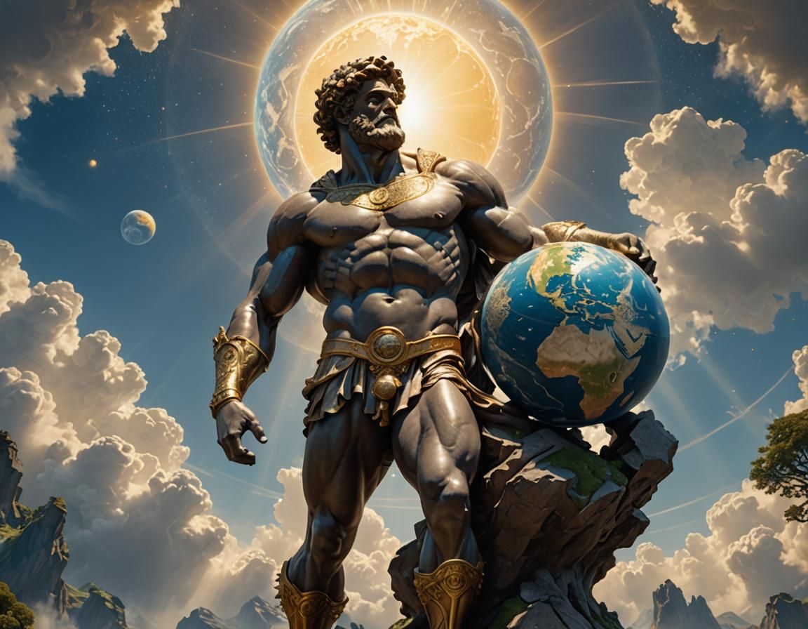 Ethereal statue of Atlas protecting Earth
