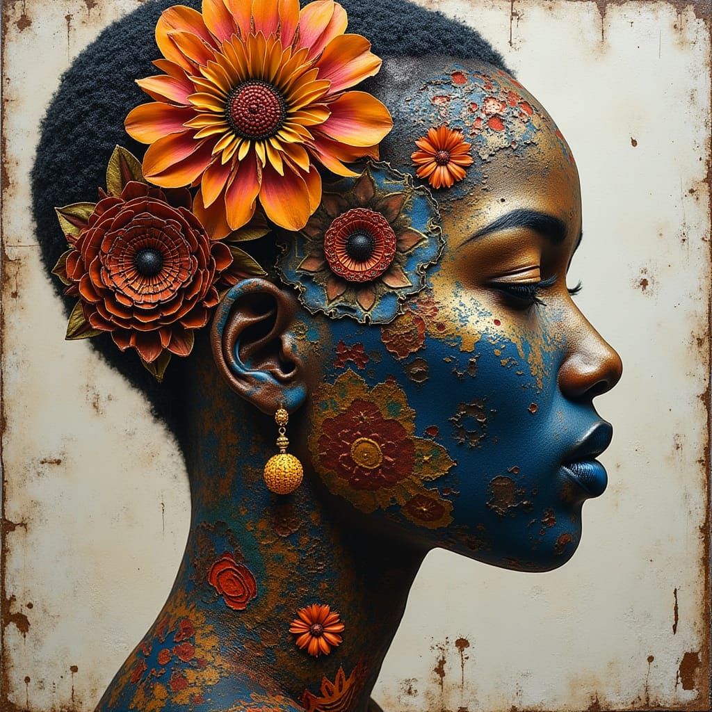 abstract surreal AfroWhimsiFusion style. distressed or fractured mirrored surfaces like peeling pant. Professional laser...