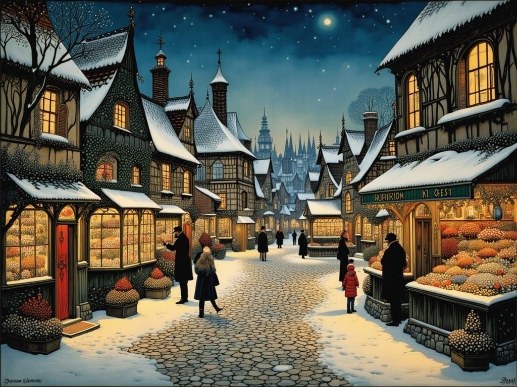 Idyllic Winter Market Scene in Whimsical Art Style