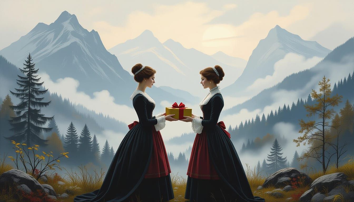 Romantic Landscape: Woman Receives Gift by Misty Mountains