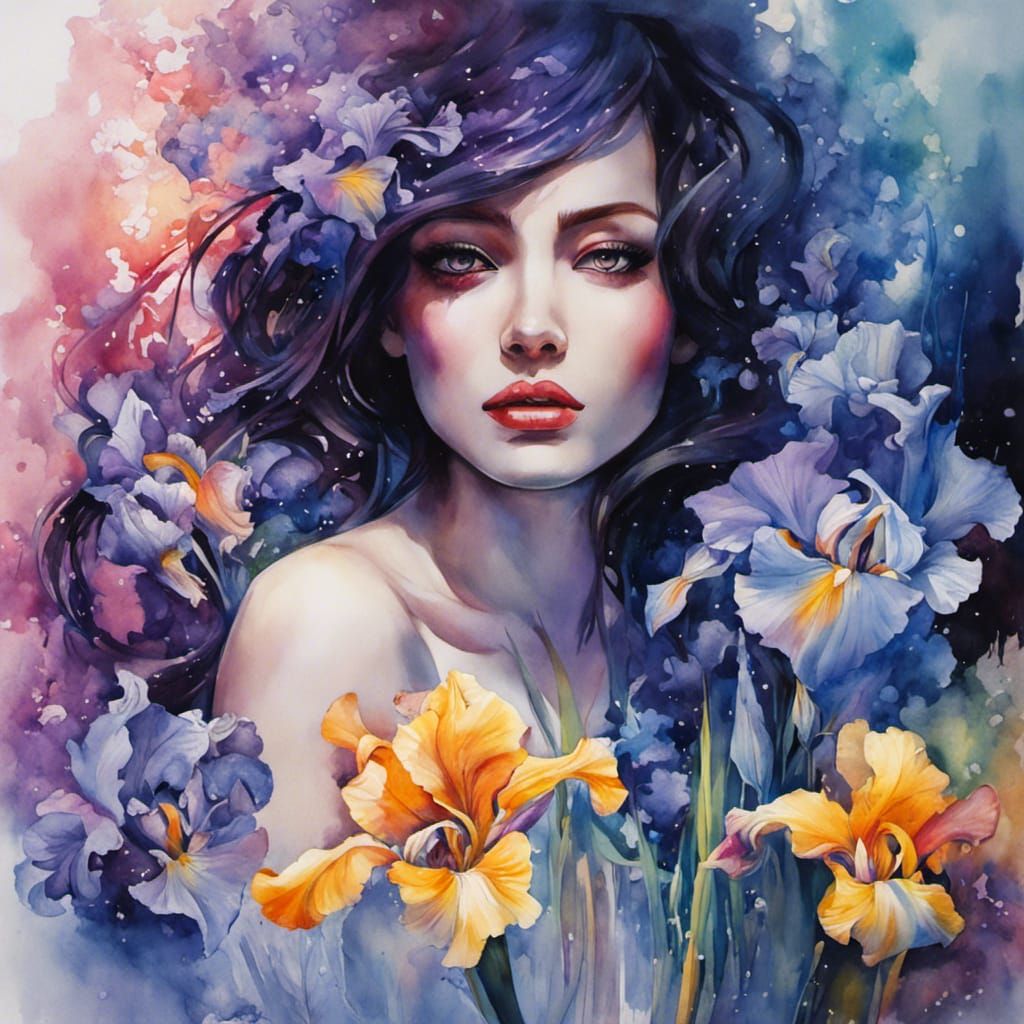 Dreamlike Woman with Irises in Watercolor Graffiti Art
