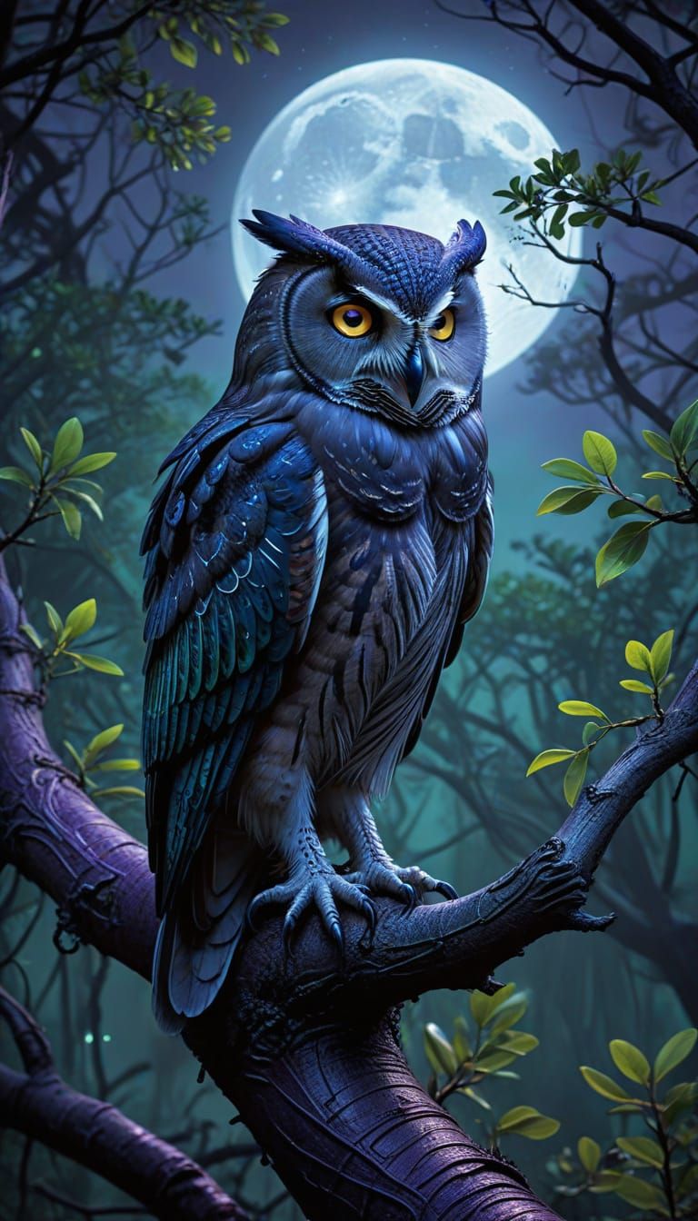 Wise Owl in Ethereal Mangrove Forest at Night