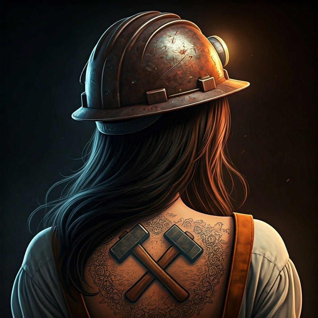 Miner Girl with Mining Tattoo in Art Nouveau Style