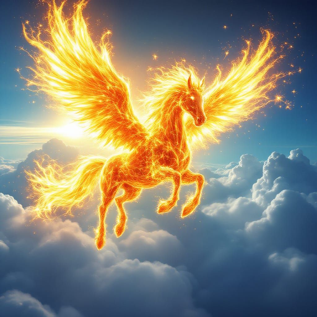 Majestic Fire Pegasus in Heroic Combat Pose Above Clouds